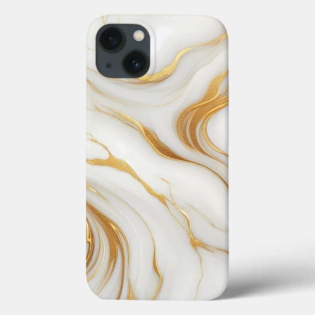 Classic White Marble iPhone 13 Fodral med Guld Vei (Baksida)