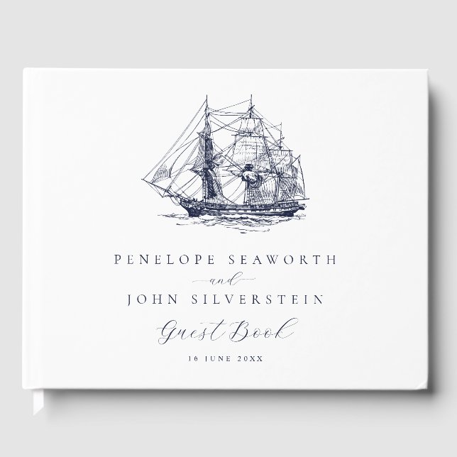 Classic White Nautical Frakt Illustration Bröllop Gästböcker (Framsida)