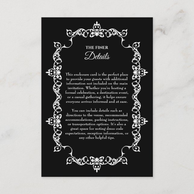 Classic White on Black Ornately Framed Wedding Tilläggskort (Framsida)