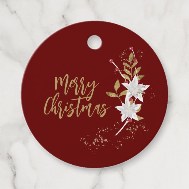 Classic White Poinsettia och Berries Gnistra Gåvor Etiketter (Framsida)