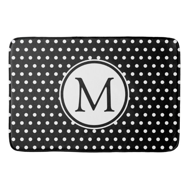 Classic White Polka dots på Black Monogram Badrumsmatta (Framsidan)