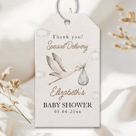 Classic White Stork Baby Shower Neutral Presentetikett