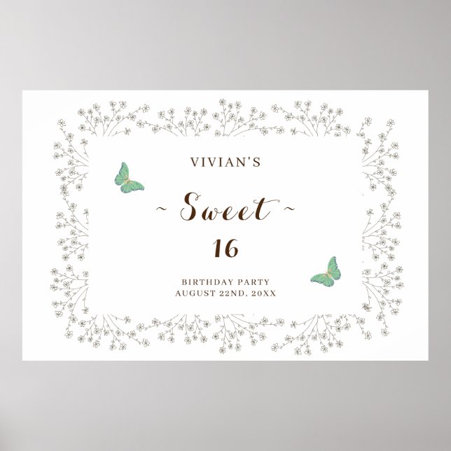 Classic Wildblomma & Butterfly Sweet sixteen Party Poster (Framsidan)