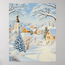 Classic Winter Village with Snowy Church and Trees Poster