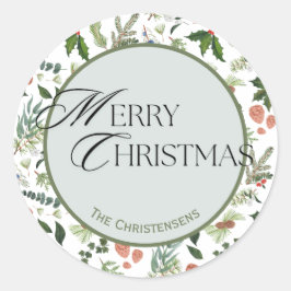 Classic Winter Woodland Watercolor Forest Helgdag Runt Klistermärke