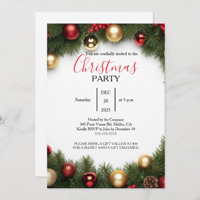 Classic Wreath Office Christmas Party Invitation Inbjudningar (Fram/baksida)