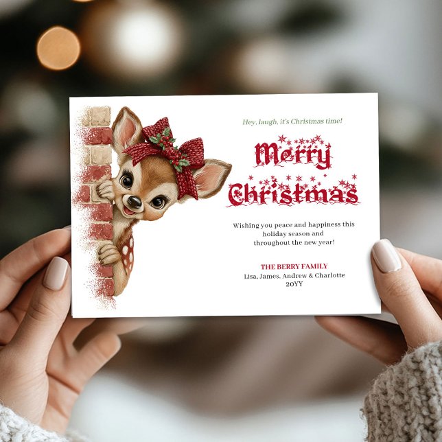 Classic Xmas baby fawn peeking forest greeting   Julkort (Classic Xmas baby fawn peeking forest greeting card)