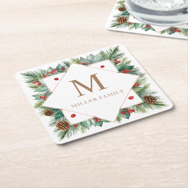 Classical Winter Greenery Helgdag Monogram Underlägg Papper Kvadrat (Vinklad)