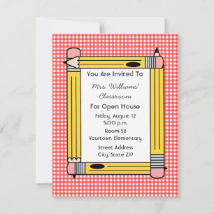 Classroom Open House: Gult Pencil, Red Gingham Inbjudningar
