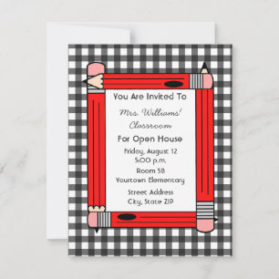 Classroom Open House: Röda pennor, Grått Gingham Inbjudningar