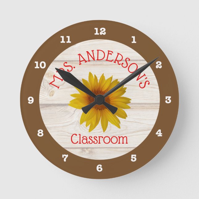 Classroom Rustic Daisy Teacher Rund Klocka (Framsida)