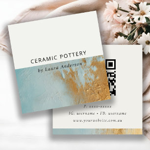 Classy Aqua Blue Guld Oil Paint Struktur QR-kod Fyrkantigt Visitkort