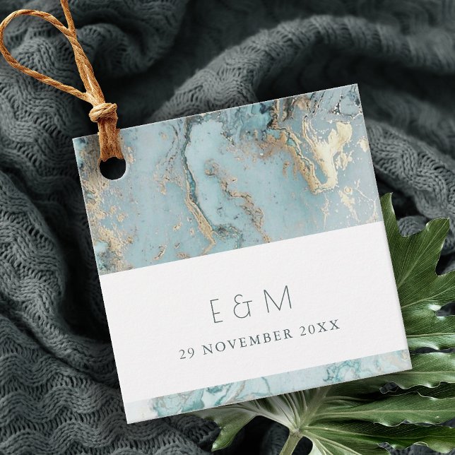 CLASSY AQUA DUSKY BLUE GULD AGATE MONOGRAM BRÖLLOP GÅVOR ETIKETTER (Skapare uppladdad)