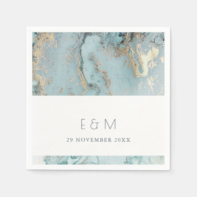 CLASSY AQUA DUSKY BLUE GULD AGATE MONOGRAM BRÖLLOP PAPPERSSERVETT (Framsidan)