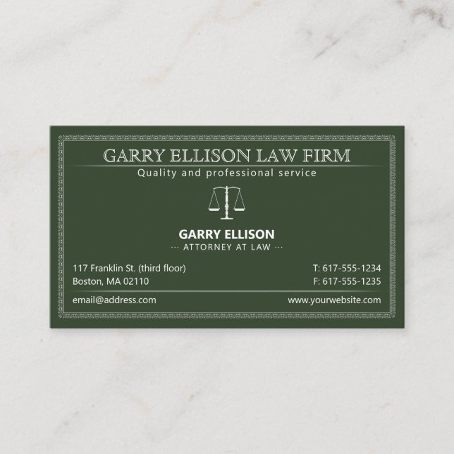 Classy Attorney Law | Mörk grönt advokat Visitkort (Framsida)