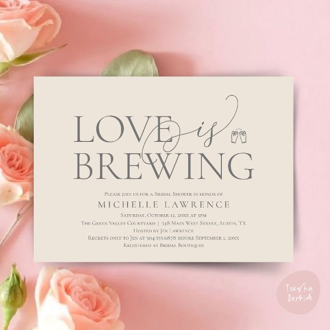 Classy Beer Party Möhippa, Kärlek brinner Inbjudningar (Classy Beer Party Bridal Shower, Love is brewing modern romantic Invitation Card PDF in Cream Grey)