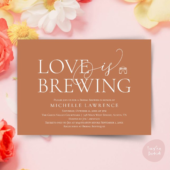 Classy Beer Party Möhippa, Kärlek brinner Inbjudningar (Classy Beer Party Bridal Shower, Love is brewing modern romantic invites Card PDF in Copper Brown)