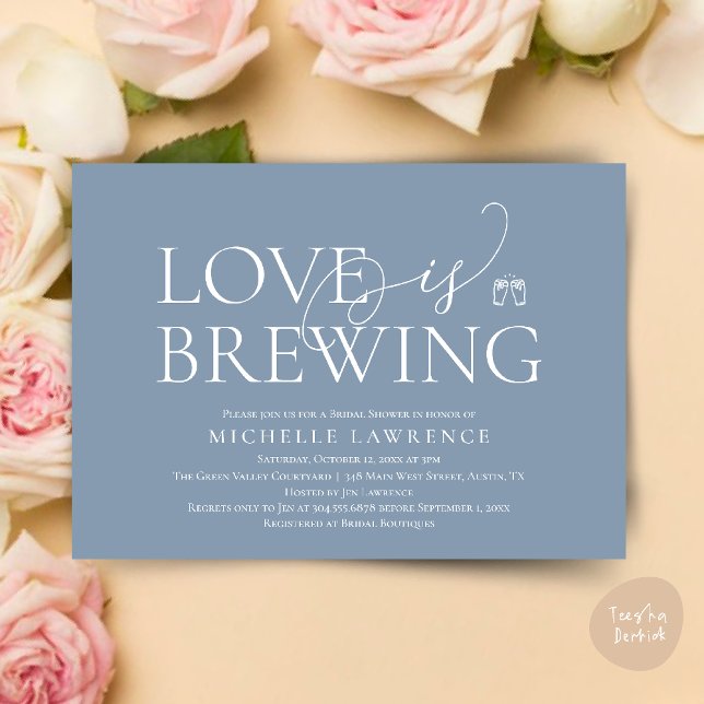 Classy Beer Party Möhippa, Kärlek brinner Inbjudningar (Classy Beer Party Bridal Shower, Love is brewing modern romantic invites Card PDF in Dusty Blue)