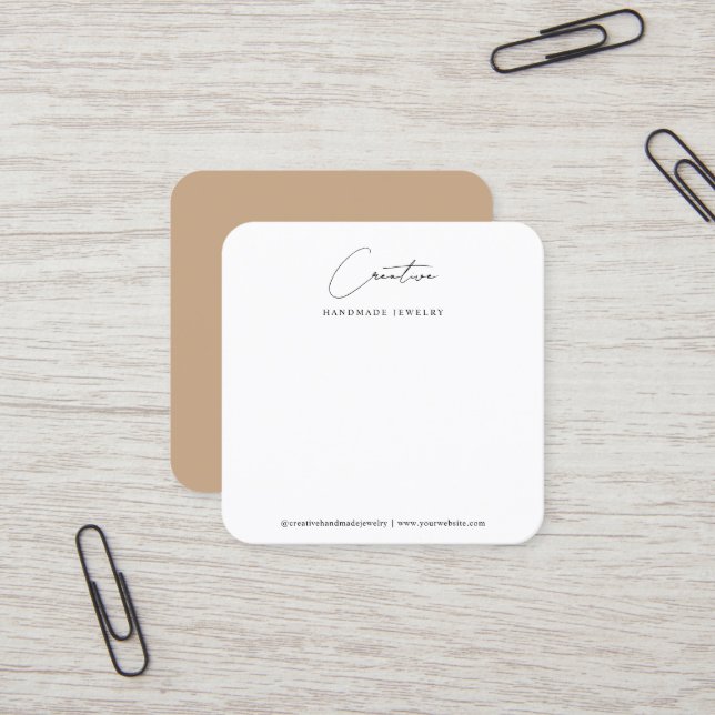 Classy Beige Handwritten Script Jewelry Display Fyrkantigt Visitkort (Fram/Back In Situ)