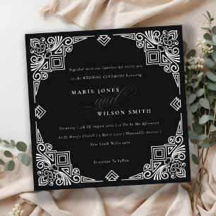 Classy Black and White Art Deco Ornate Bröllop Inbjudningar