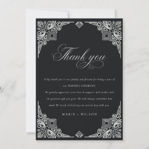 Classy Black and White Art Deco Ornate Bröllop Tack Kort