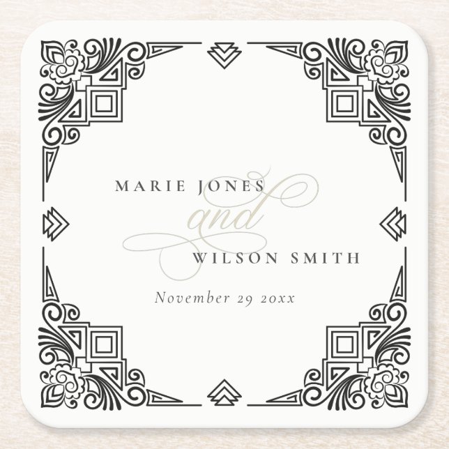Classy Black and White Art Deco Ornate Bröllop Underlägg Papper Kvadrat (Framsidan)