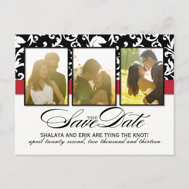 Classy Black and White Damask Spara datum Meddelande Vykort (Framsida)