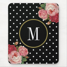 Classy Black Antique Blommigt Polka dots Monogram Musmatta