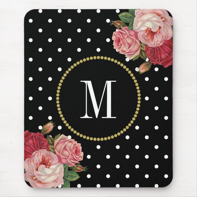 Classy Black Antique Blommigt Polka dots Monogram Musmatta (Framsidan)