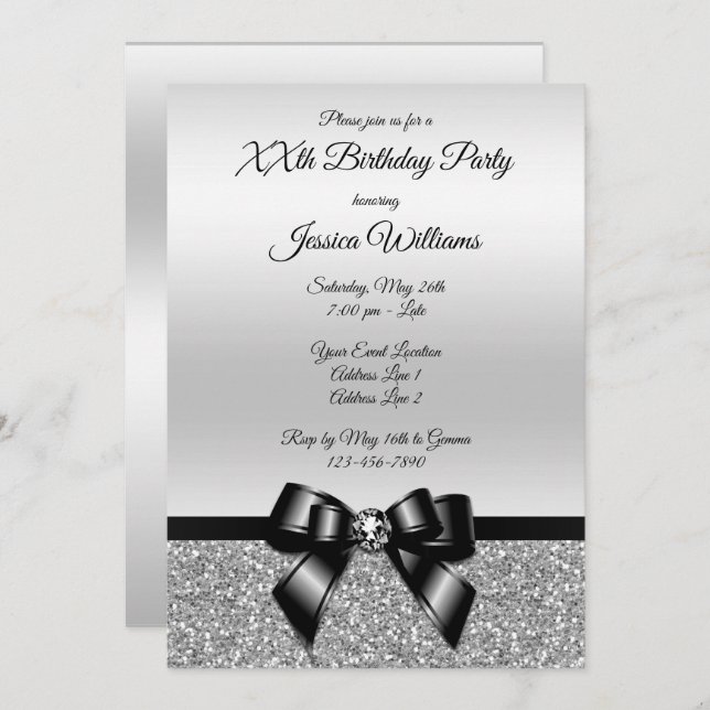 Classy Black Bow & Silver Glitter Birthday Inbjudningar (Fram/baksida)