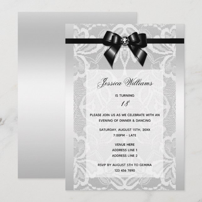 Classy Black Bow & Snöre Birthday Inbjudningar (Fram/baksida)