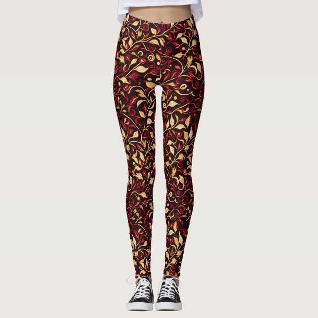 Classy Black, Burgundy och Guld Julbön Leggings (Framsida)