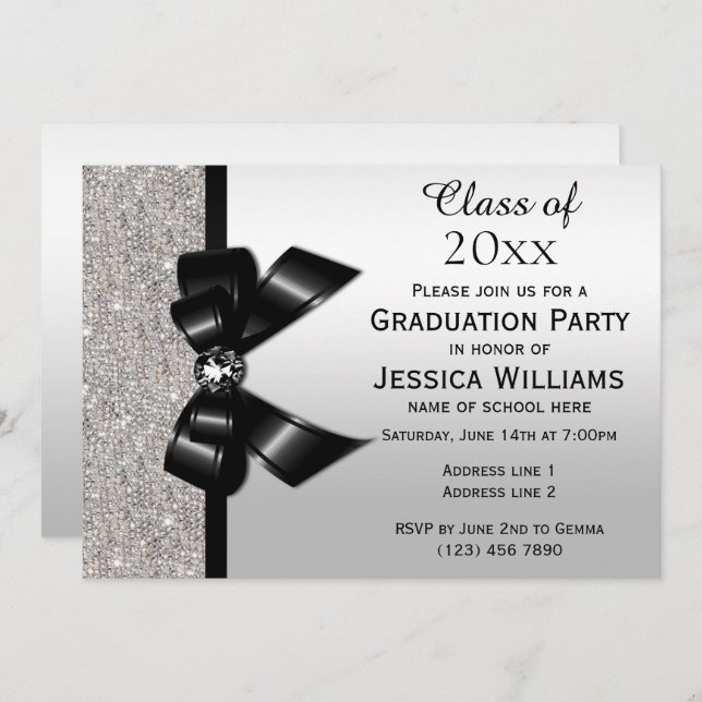 Classy Black Gem Bow, Silver Sequins Studenten Inbjudningar (Fram/baksida)