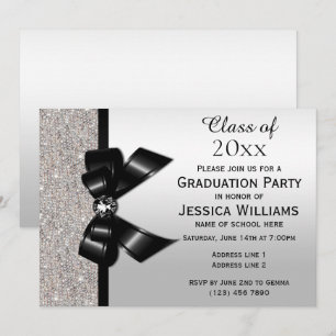 Classy Black Gem Bow, Silver Sequins Studenten Inbjudningar