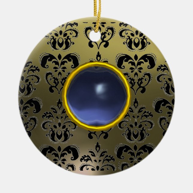 CLASSY BLACK GRÅTT BLUE DAMASK GEM JULGRANSPRYDNAD KERAMIK (Framsidan)