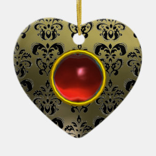 CLASSY BLACK GRÅTT RED DAMASK OCH RUBY GEM STONE JULGRANSPRYDNAD KERAMIK