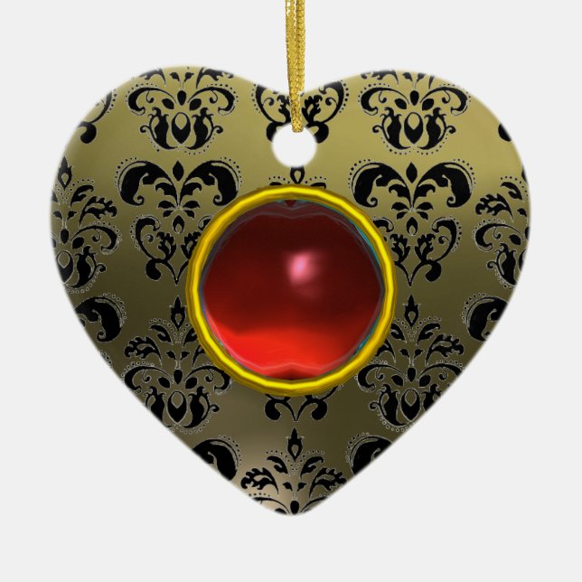 CLASSY BLACK GRÅTT RED DAMASK OCH RUBY GEM STONE JULGRANSPRYDNAD KERAMIK (Framsidan)