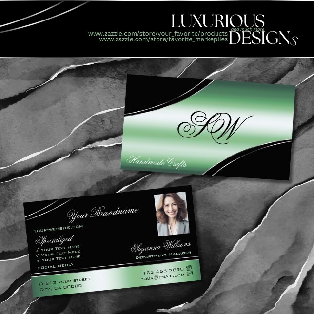 Classy Black Grönt Curved Linjer Monogram och Phot Visitkort (Skapare uppladdad)