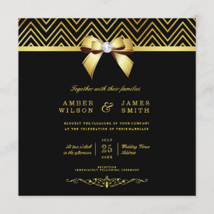 Classy Black Guld Chevrons Diamond Bow Bröllop Inbjudningar