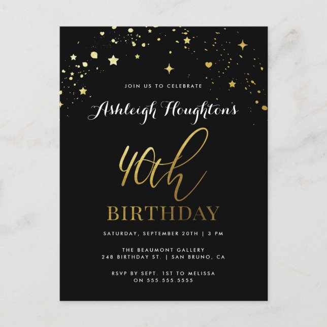 Classy Black & Guld Confetti 40:e födelsedagen Inbjudan Vykort (Framsida)