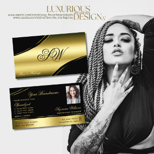 Classy Black Guld Curved Linjer Monogram och Photo Visitkort