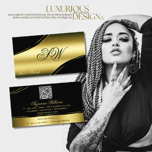 Classy Black Guld Curved Linjer Monogram QR-kod Visitkort