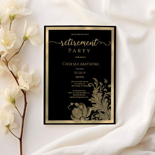 Classy Black guld glitter blommigt Pension Party Inbjudningar