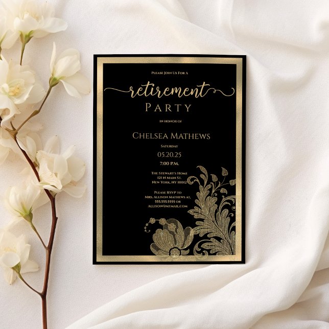 Classy Black guld glitter blommigt Pension Party Inbjudningar (Classy black gold glitter floral Retirement Party)