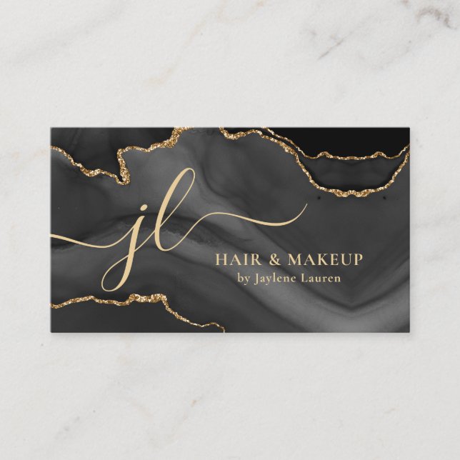 Classy Black Guld Marble Agate Monogram-skript Visitkort (Framsida)