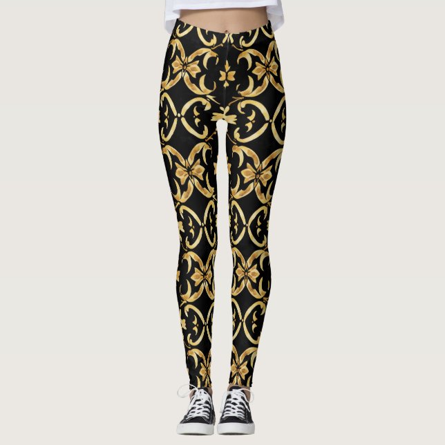 Classy Black Guld Mönster Leggings (Framsida)