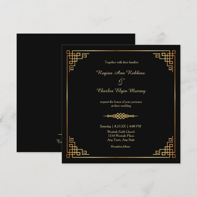 Classy Black Guld Ram Formal Wedding Investigation Inbjudningar (Fram/baksida)