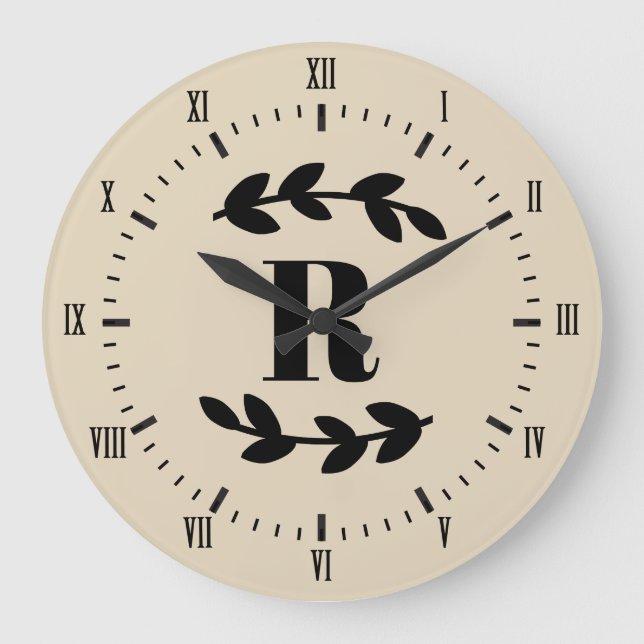 Classy Black Laurels Monogram Stor Klocka (Framsida)