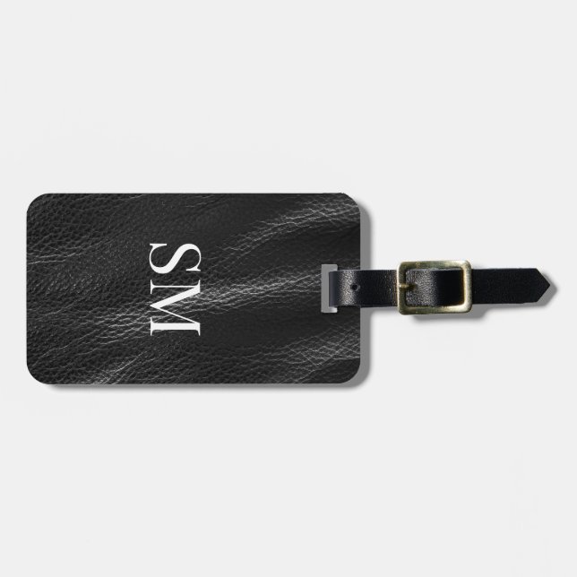 Classy Black Leather Monogram Initialer Bagagebricka (Horisontell Framsida)
