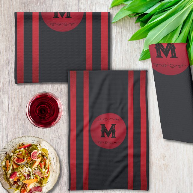 Classy Black med Red Rand Modern Initial Kökshandduk (Vivid and simple. Minimalist and classy initial/monogram black and red stripe kitchen towels)